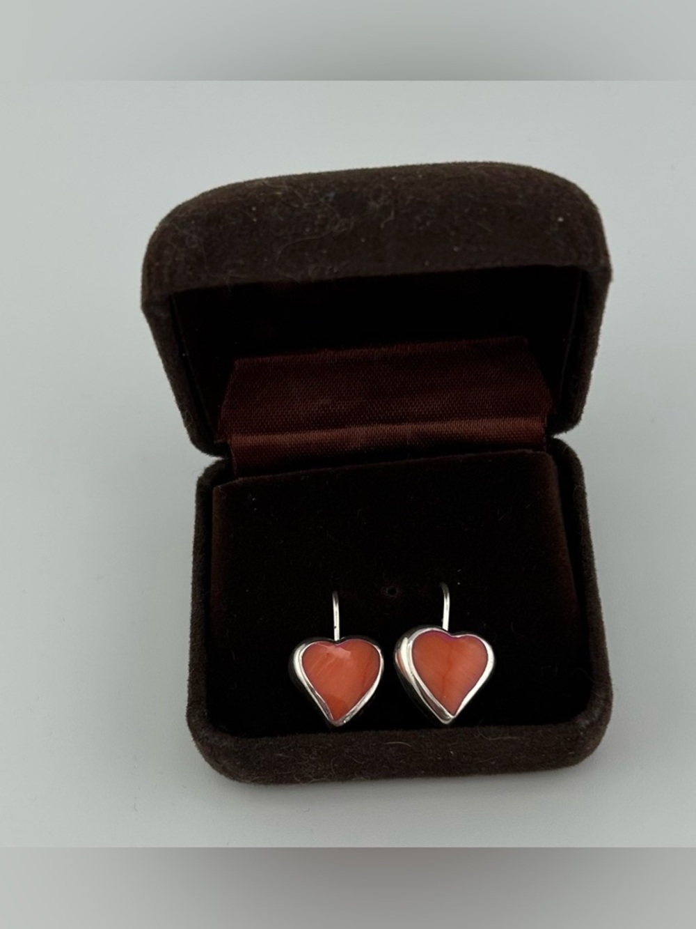 925 Sterling  Silver Heart Drop Earrings with Red Enamel redish pink color